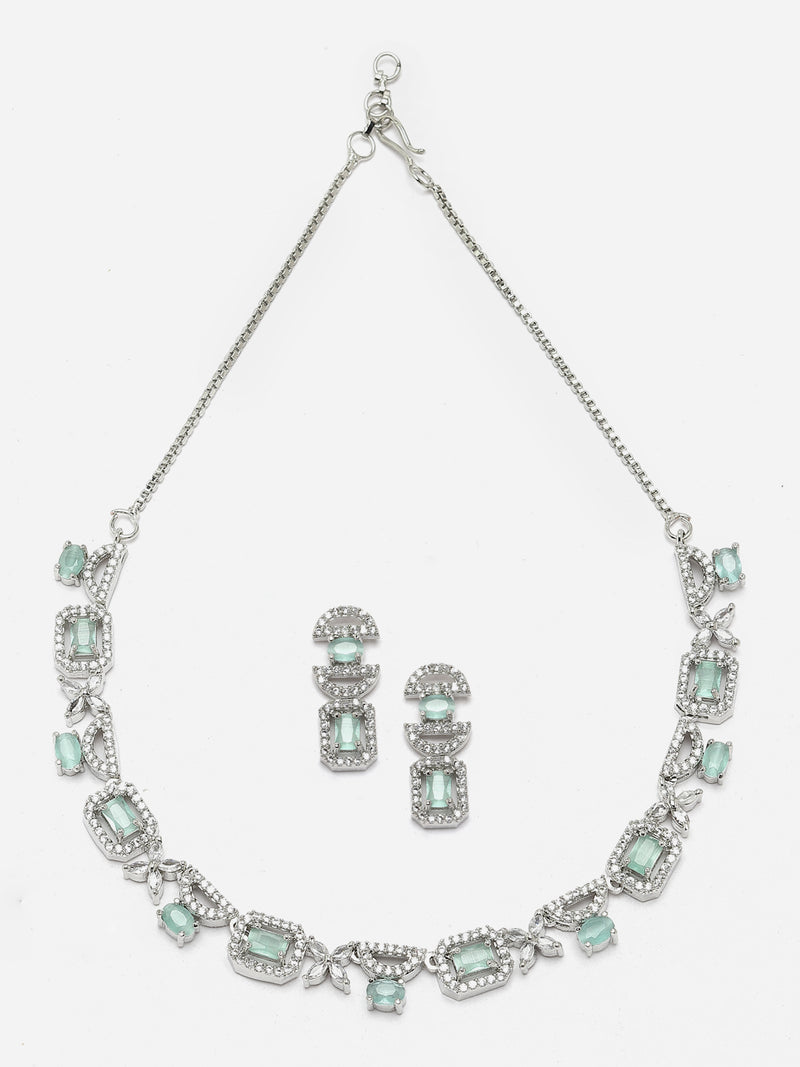 Rhodium-Plated Sea Green American Diamonds Studded Boxy Necklace & Earrings Jewellery Set