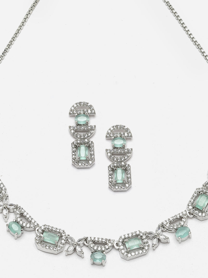 Rhodium-Plated Sea Green American Diamonds Studded Boxy Necklace & Earrings Jewellery Set