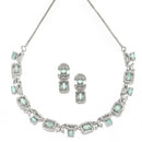 Rhodium-Plated Sea Green American Diamonds Studded Boxy Necklace & Earrings Jewellery Set