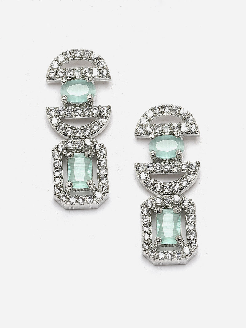 Rhodium-Plated Sea Green American Diamonds Studded Boxy Necklace & Earrings Jewellery Set