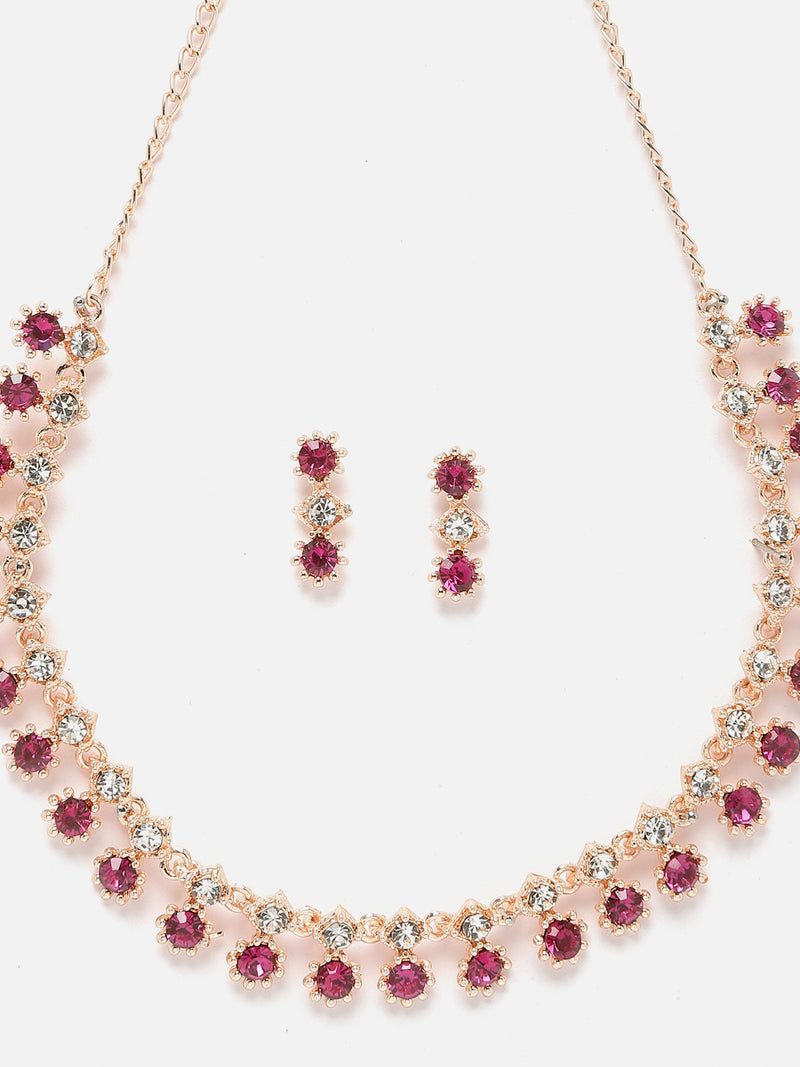 Rose Gold-Plated Pink & White American Diamond Studded Star Shaped Necklace with Earrings Jewellery Set