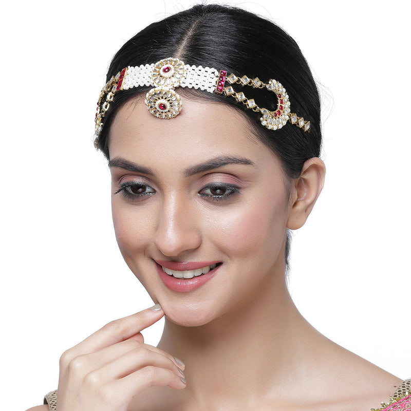 Gold-Plated Red & White Kundan studded Borla Style Sheeshphool