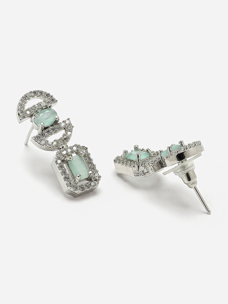 Rhodium-Plated Sea Green American Diamonds Studded Boxy Necklace & Earrings Jewellery Set