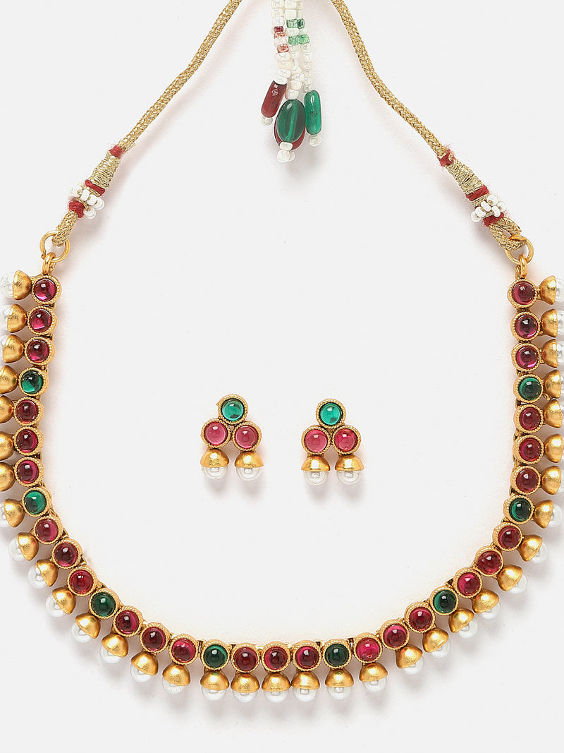 Gold-Plated Red & Green Cubic Zirconia White Pearls Studded Jewellery Set