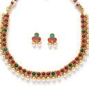 Gold-Plated Red & Green Cubic Zirconia White Pearls Studded Jewellery Set
