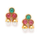 Gold-Plated Red & Green Cubic Zirconia White Pearls Studded Jewellery Set