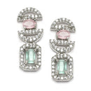 Rhodium-Plated Pink & Sea Green American Diamonds Studded Boxy Necklace & Earrings