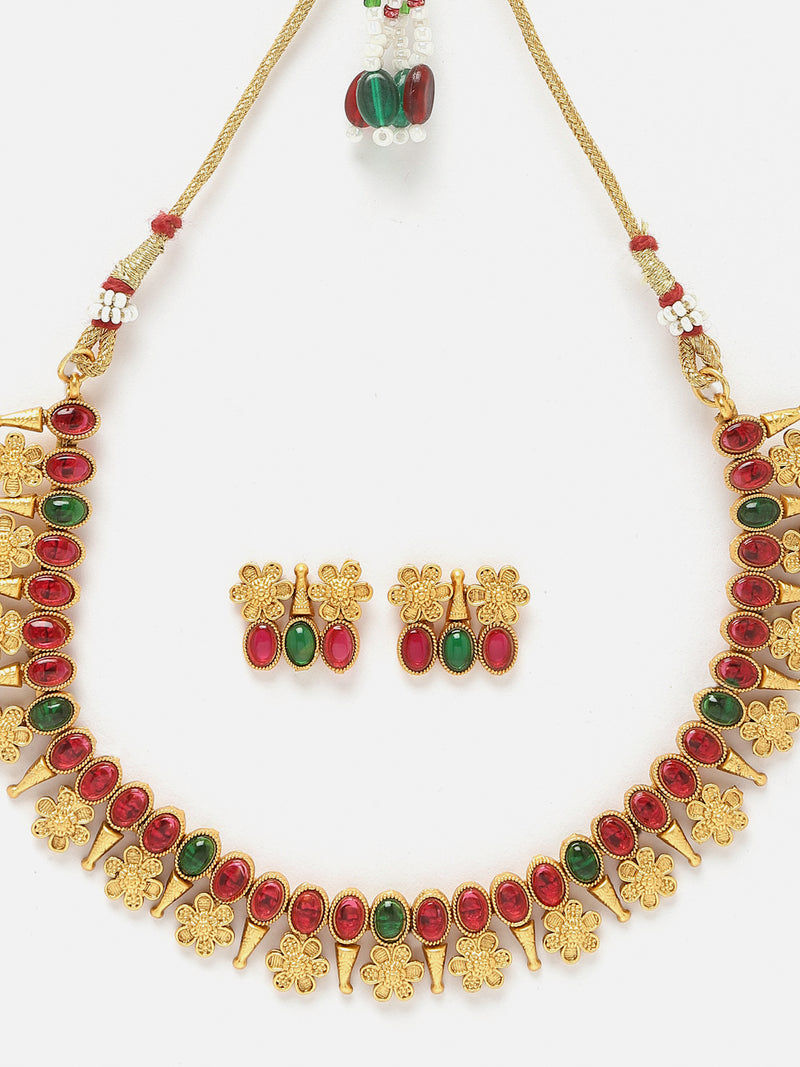 Gold-Plated Red & Green Cubic Zirconia Studded Floweret Theme Jewellery Set