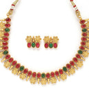 Gold-Plated Red & Green Cubic Zirconia Studded Floweret Theme Jewellery Set