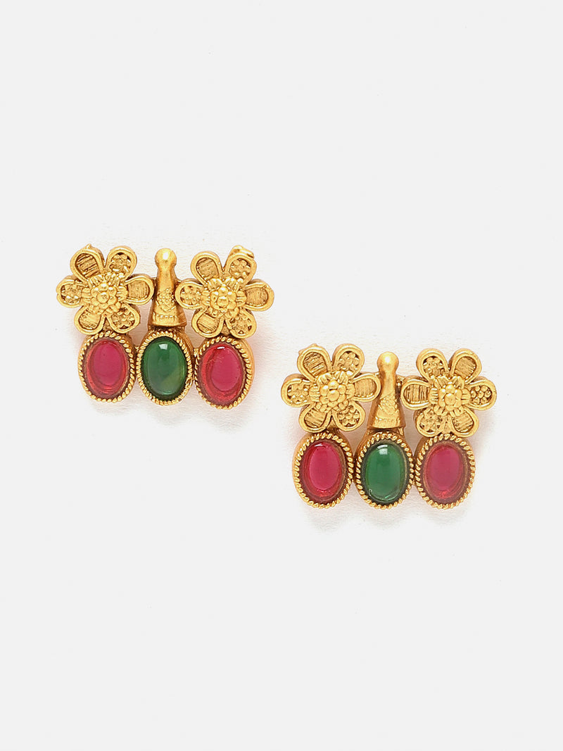 Gold-Plated Red & Green Cubic Zirconia Studded Floweret Theme Jewellery Set