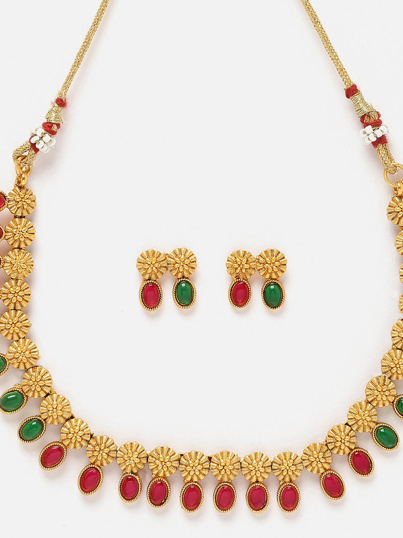 Gold-Plated Red & Green Cubic Zirconia Studded Floral Theme Jewellery Set