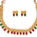 Gold-Plated Red & Green Cubic Zirconia Studded Floral Theme Jewellery Set