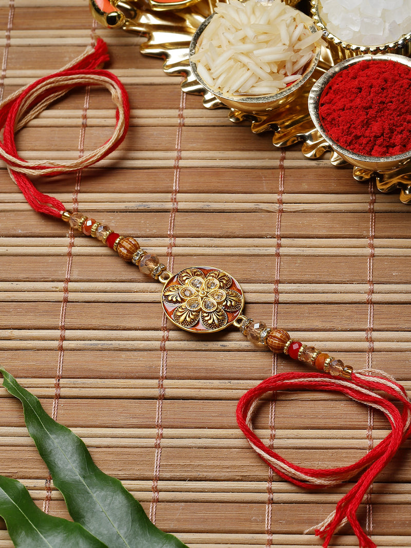 Gold Plated  Floral Enamelled Charm & Beads Stringed Rakhi