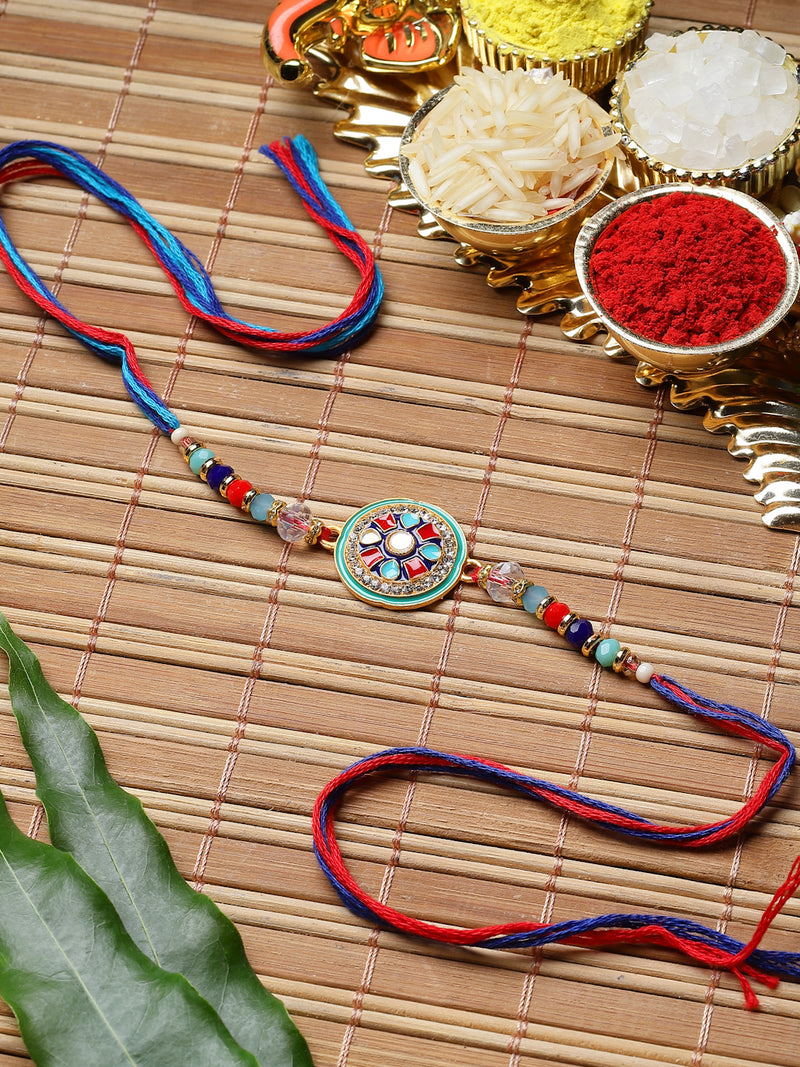 Traditional Blue & Red Artificial Stones & Beads Studded Rakhi