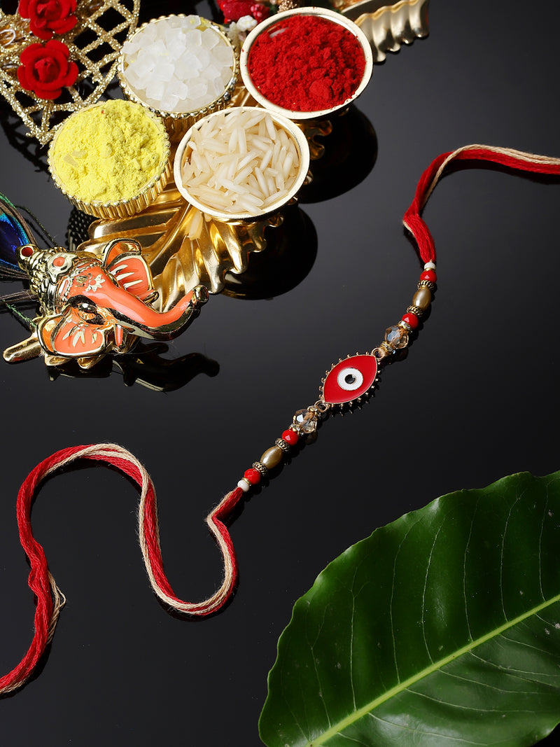 Red Enamelled Evil Eye Beads stringed Rakhi