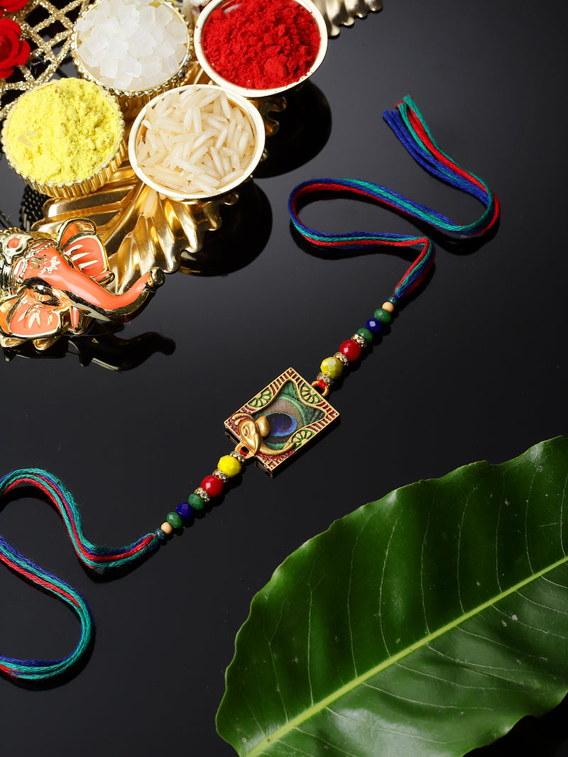 Traditional Ganesh ji with Peacock Feather Design & Multicolor Beads Rakhi