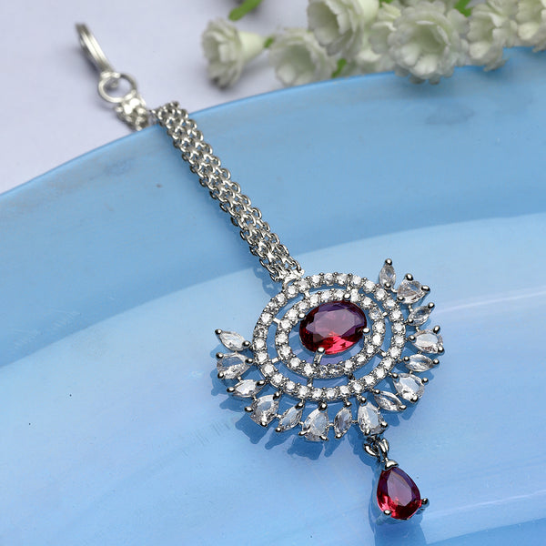Rhodium Plated Silver Toned Red Oval American Diamond Studded Maang Tikka