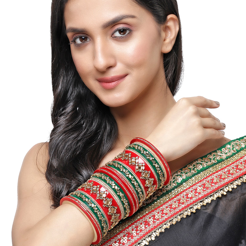 Gold Plated Kundan Studded Set Of 18 Traditional Bangle Set