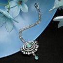 Rhodium Plated Silver Toned Mint Green Oval American Diamond Studded  Maang Tikka