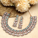 Rose Gold-Plated Gunmetal Toned Sea Green American Diamonds Studded Choker Necklace & Earrings Jewellery Set