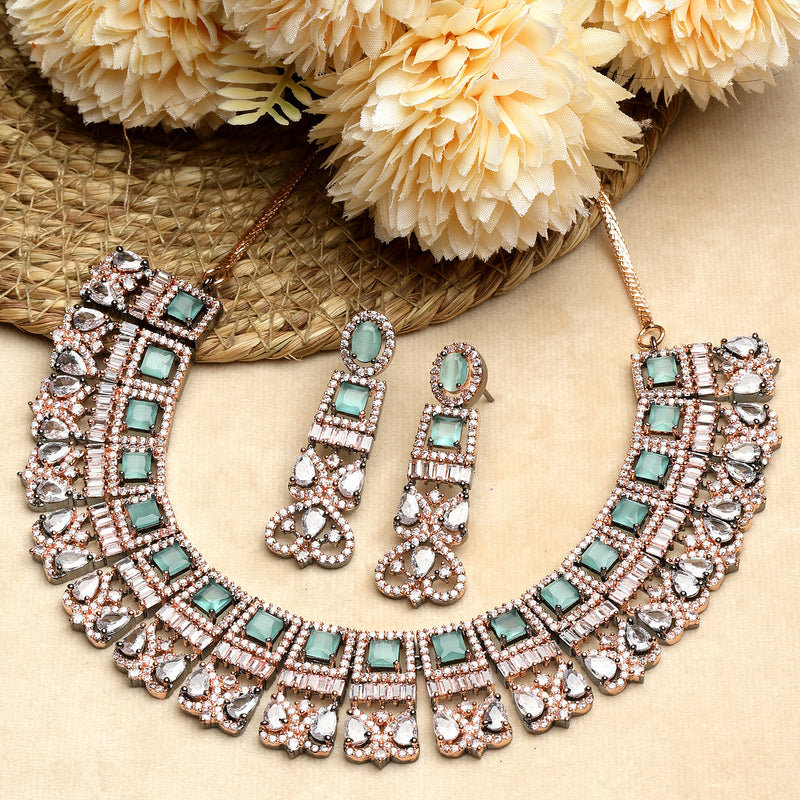 Rose Gold-Plated Gunmetal Toned Sea Green American Diamonds Studded Choker Necklace & Earrings Jewellery Set