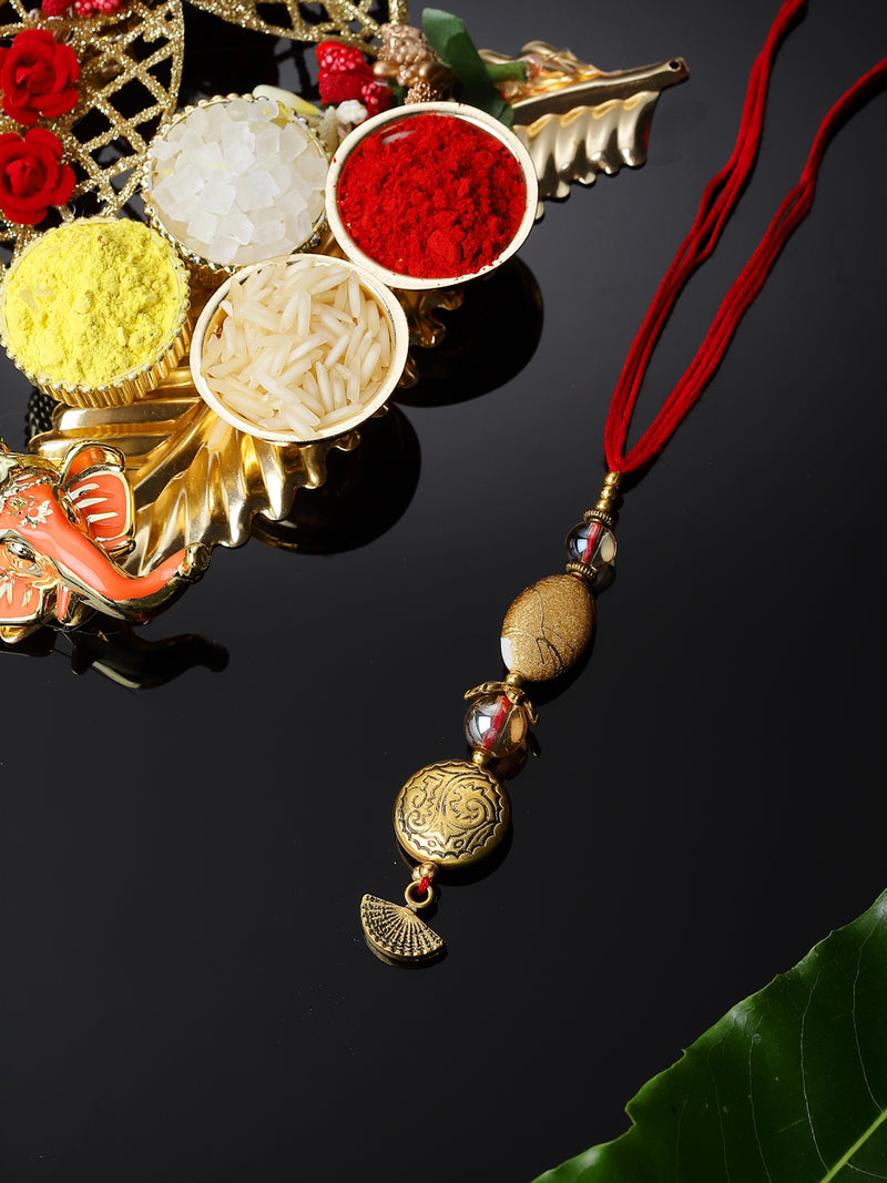 Gold-Plated Engraved Charm Lumba Rakhi For Bhabhi