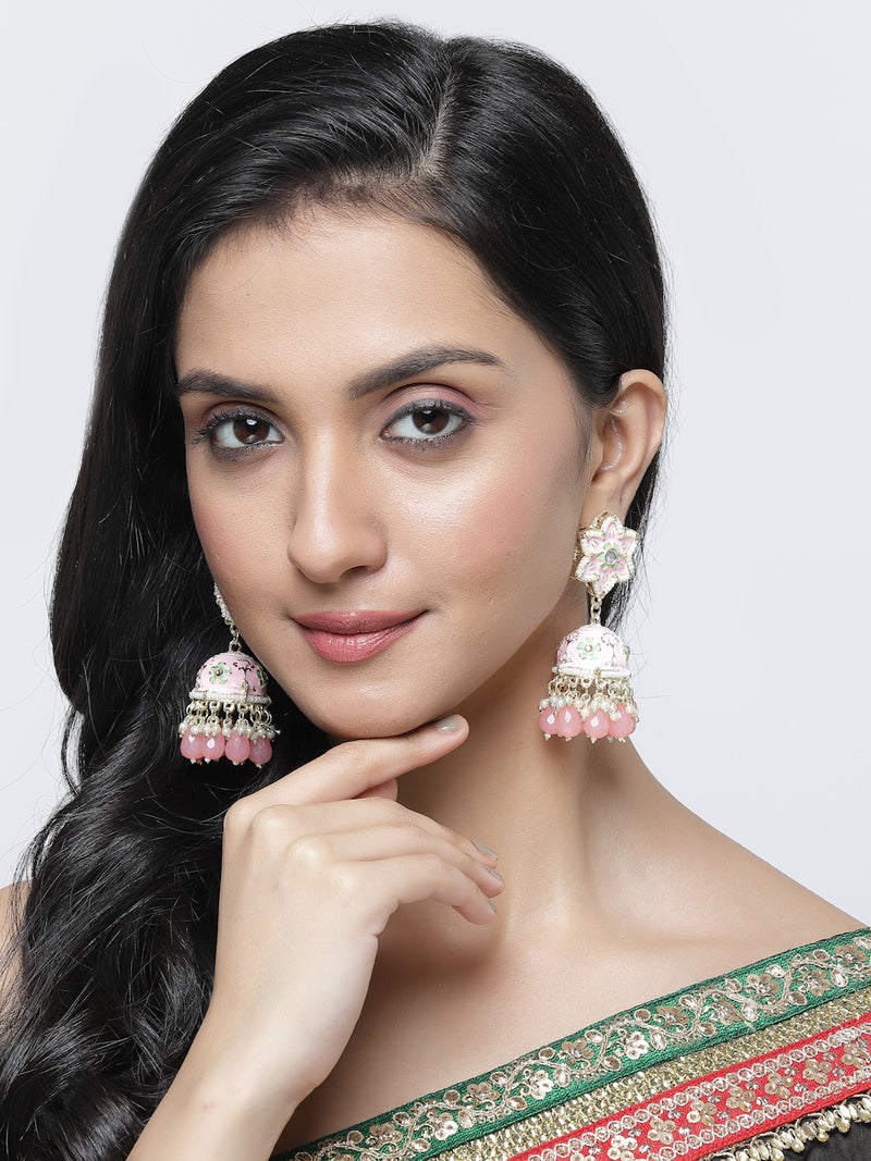 Gold-Plated Peach & White Kundan-Pearls studded Star Shaped Enamelled Jhumka Earrings