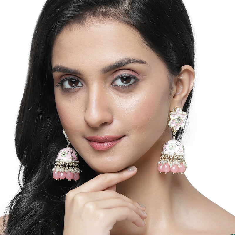 Gold-Plated Peach & White Kundan-Pearls studded Star Shaped Enamelled Jhumka Earrings