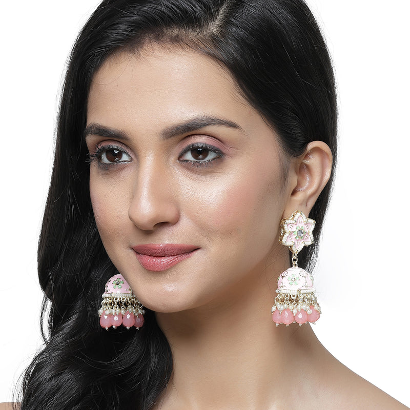 Gold-Plated Peach & White Kundan-Pearls studded Star Shaped Enamelled Jhumka Earrings