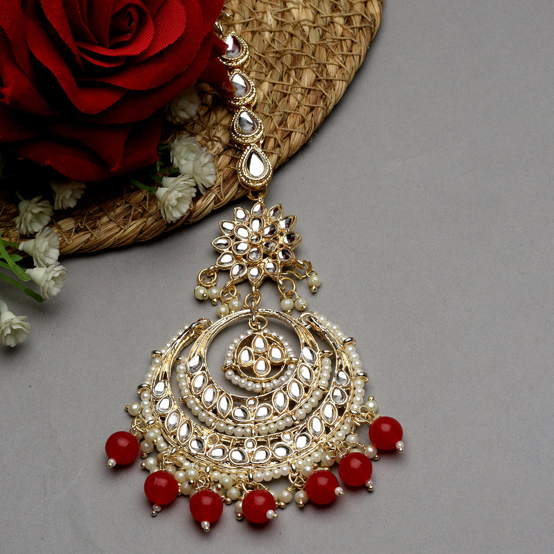 Traditional Gold Plated Kundan & Red Bead Chandbali Maang Tikka