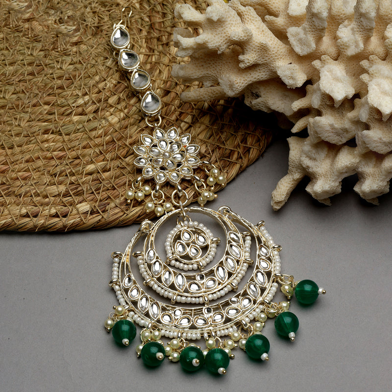 Traditional Gold Plated Kundan & Green Bead Chandbali Maang Tikka