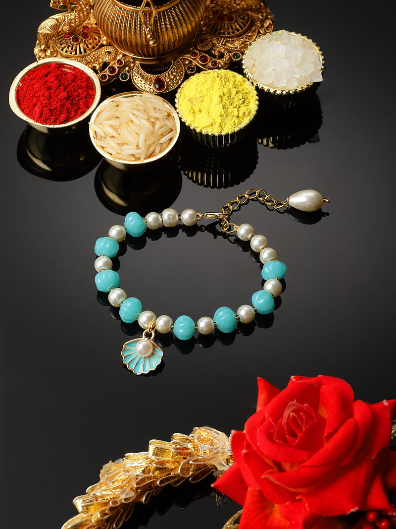 Gold Plated Gold Toned Sky Blue & White Shell Charm Studded Rakhi Bracelet