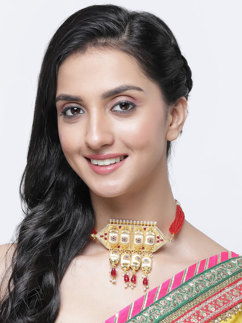 Gold-Plated Red & White Kundan Studded & Beaded Choker Meenakari Necklace