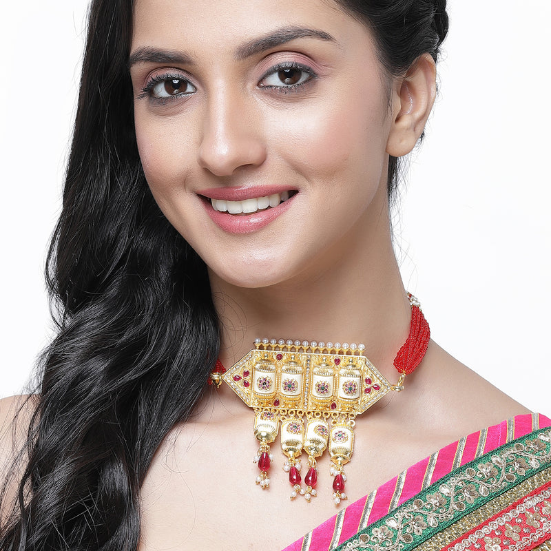 Gold-Plated Red & White Kundan Studded & Beaded Choker Meenakari Necklace