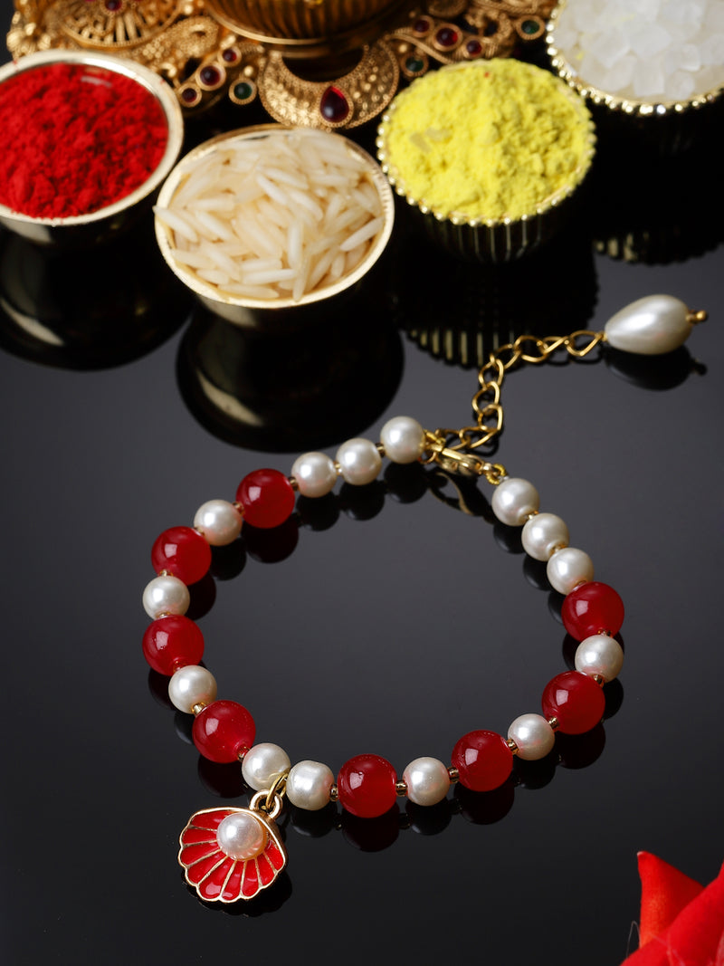 Gold Plated Gold Toned Red Shell Charm Studded Rakhi Bracelet