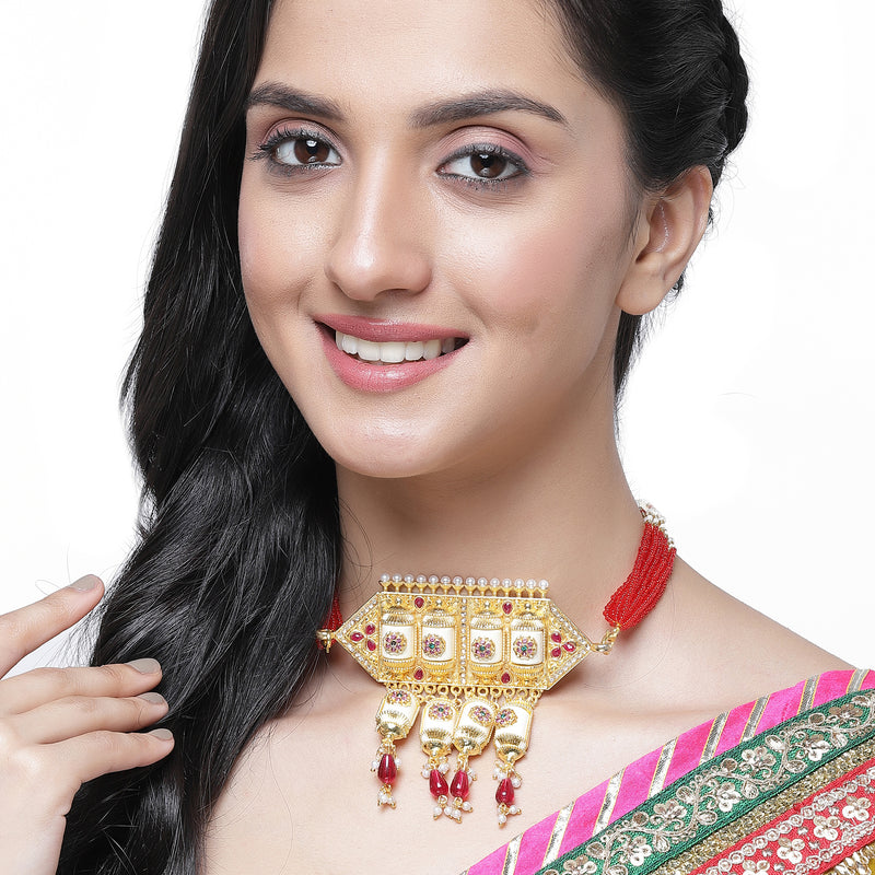Gold-Plated Red & White Kundan Studded & Beaded Choker Meenakari Necklace