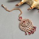 Traditional Rose Gold Plated Red American Diamond Studded Chandelier Maangtikka