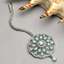 Rhodium Plated Silver Toned Mint Green & White American Diamond Studded Bridal Maang Tikka