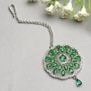 Rhodium Plated Silver Toned Green & White American Diamond Studded Bridal Maang Tikka