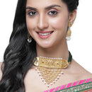 Gold-Plated Green & White Kundan Studded & Beaded Choker Meenakari Necklace with Earrings Jewellery Set