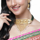 Gold-Plated Green & White Kundan Studded & Beaded Choker Meenakari Necklace with Earrings Jewellery Set