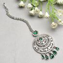 Traditional  Rhodium Plated Silver Toned Green American Diamond Studded Chandelier Maangtikka