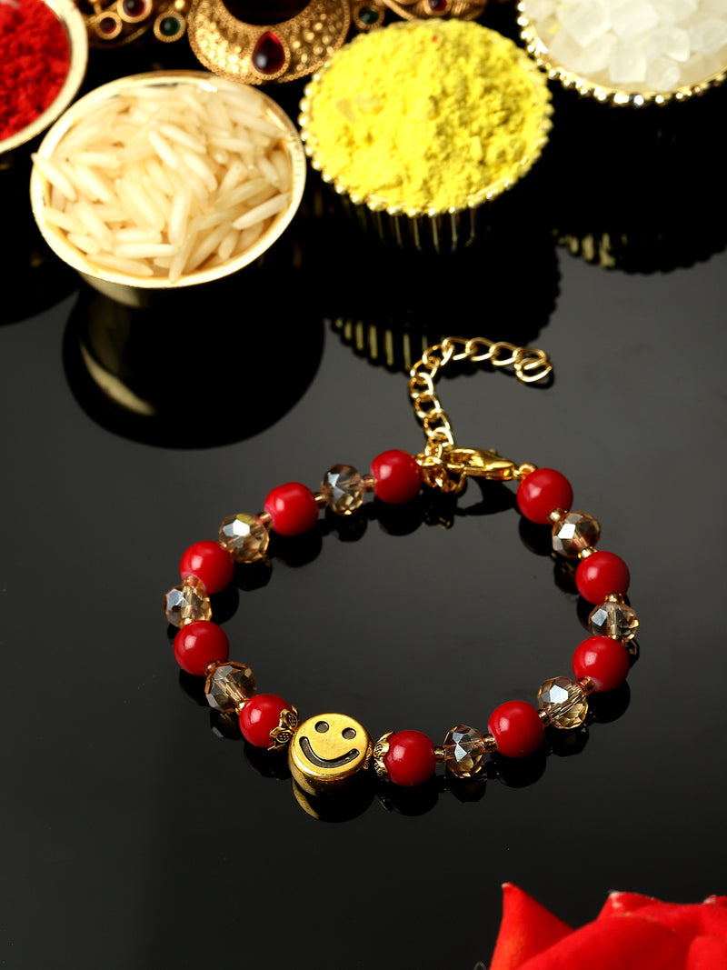 Gold Plated Gold Toned Smile Charm Studded Rakhi Bracelet