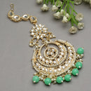 Traditional Gold Plated Kundan & Sea Green Bead Chandbali Maang Tikka