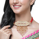 Gold-Plated Pink & White Kundan Studded & Beaded Choker Meenakari Necklace