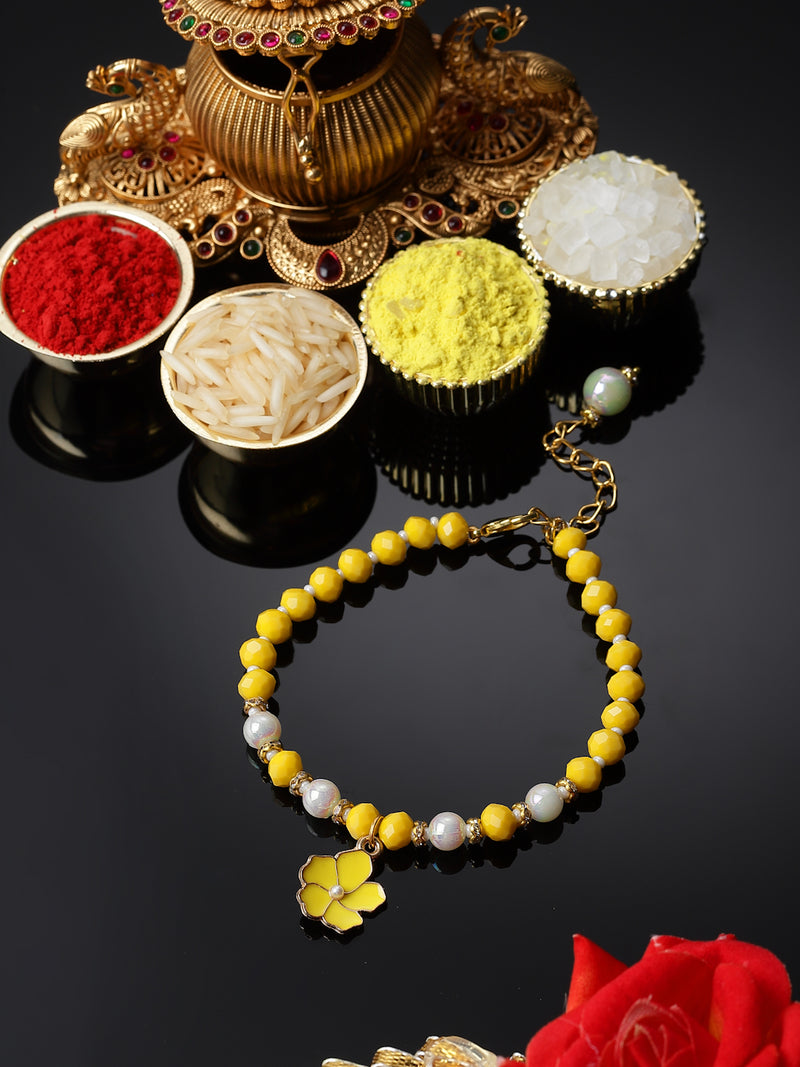 Gold Plated Gold Toned Yellow Floral Charm Studded Rakhi | Friendship Bracelet