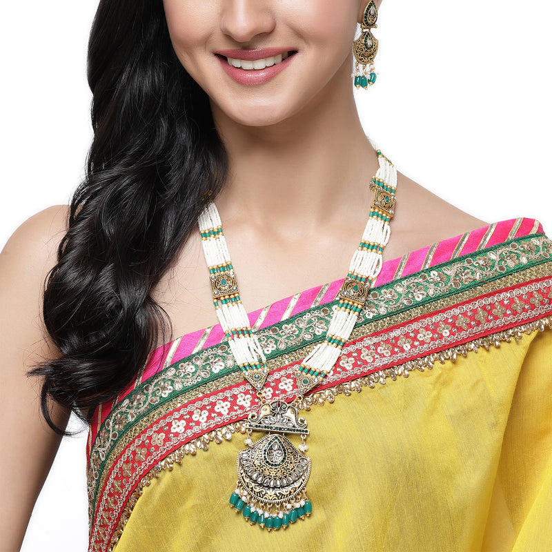 Gold-Plated Cubic Zirconia Studded & Beaded Long Meenakari Necklace with Earrings Jewellery Set