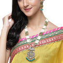 Gold-Plated Cubic Zirconia Studded & Beaded Long Meenakari Necklace with Earrings Jewellery Set