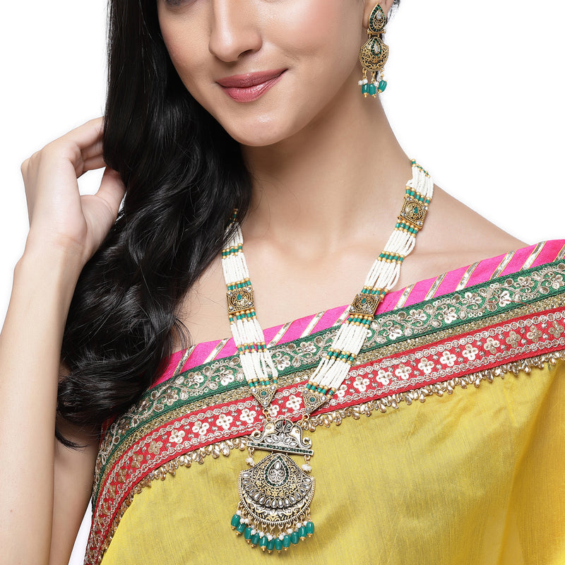 Gold-Plated Cubic Zirconia Studded & Beaded Long Meenakari Necklace with Earrings Jewellery Set