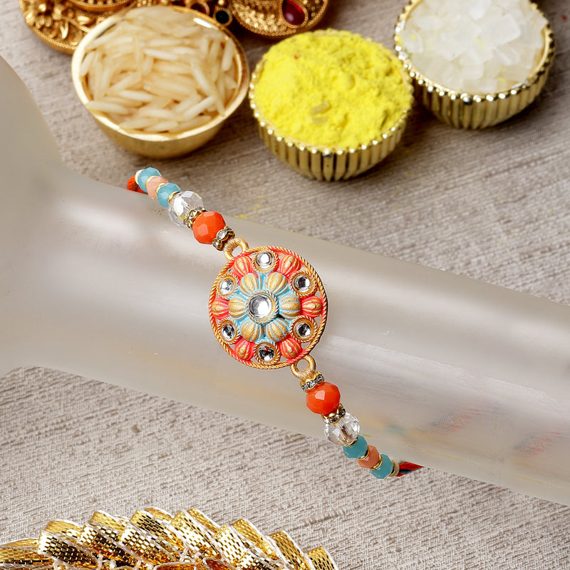 Traditional Orange Artificial Beads & Stones Studded Rakhi